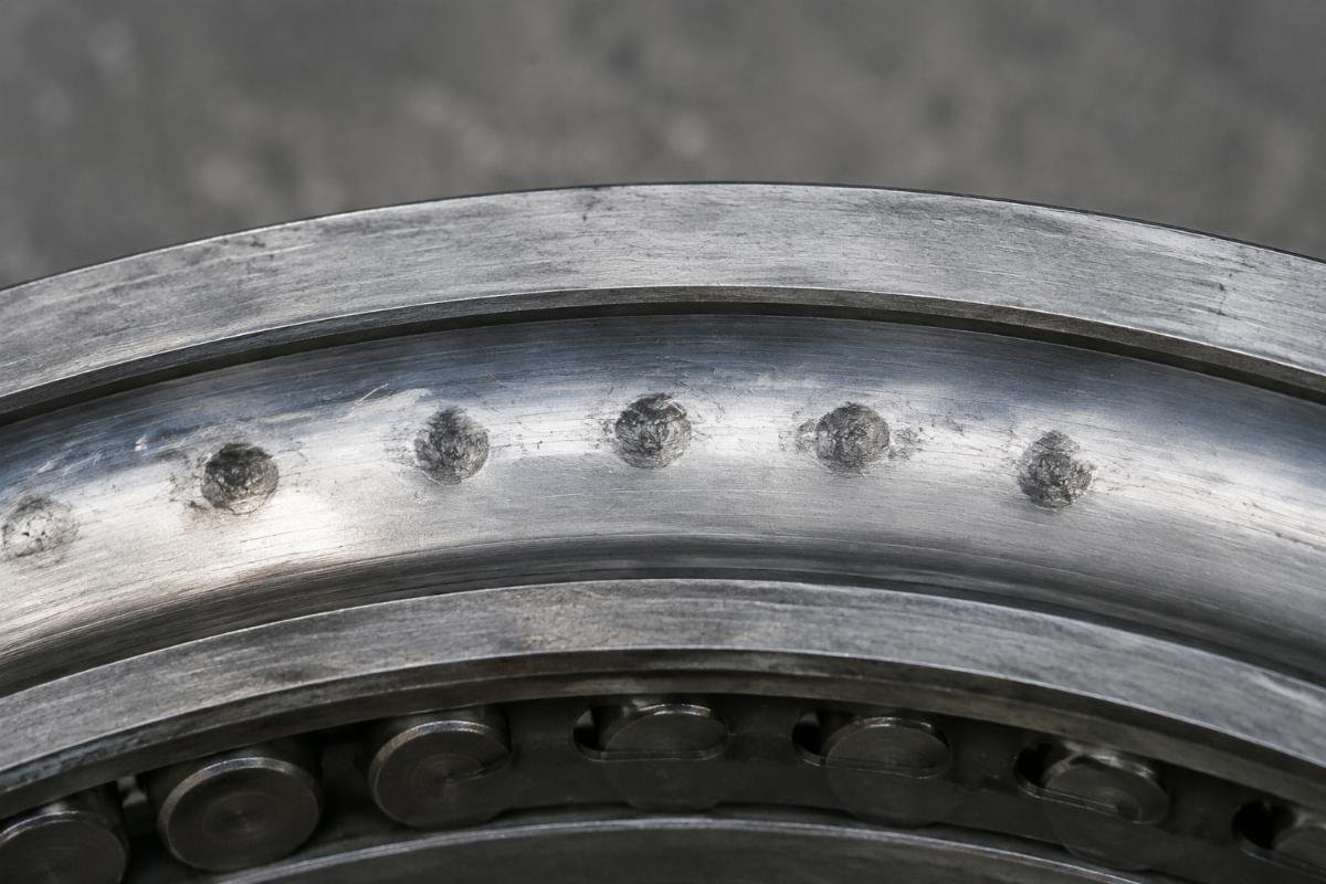 Close-up of a raceway showing brinell marks caused by hammer impact during removal