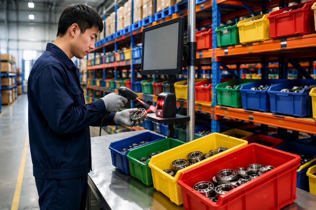 Color-coded warehouse bins with barcode scanning station for bearing picking verification