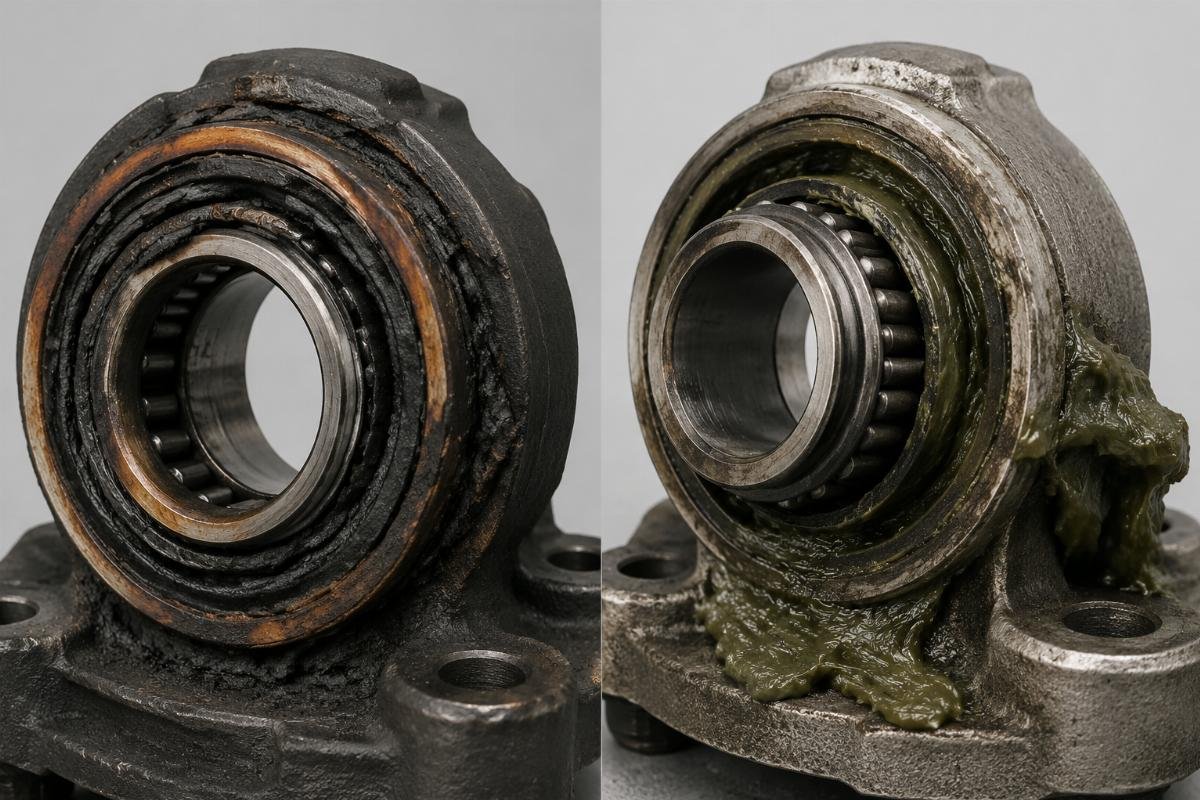 Common wheel end bearing failure modes including seal burnout and grease extrusion