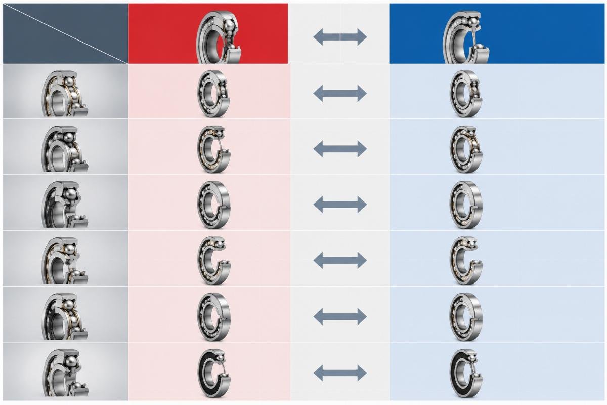 Cross-reference comparison chart showing FAG and SKF angular contact spindle bearing equivalent models