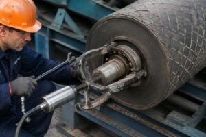 Field engineer using a hydraulic puller to remove a FAG spherical roller bearing from a conveyor drum shaft
