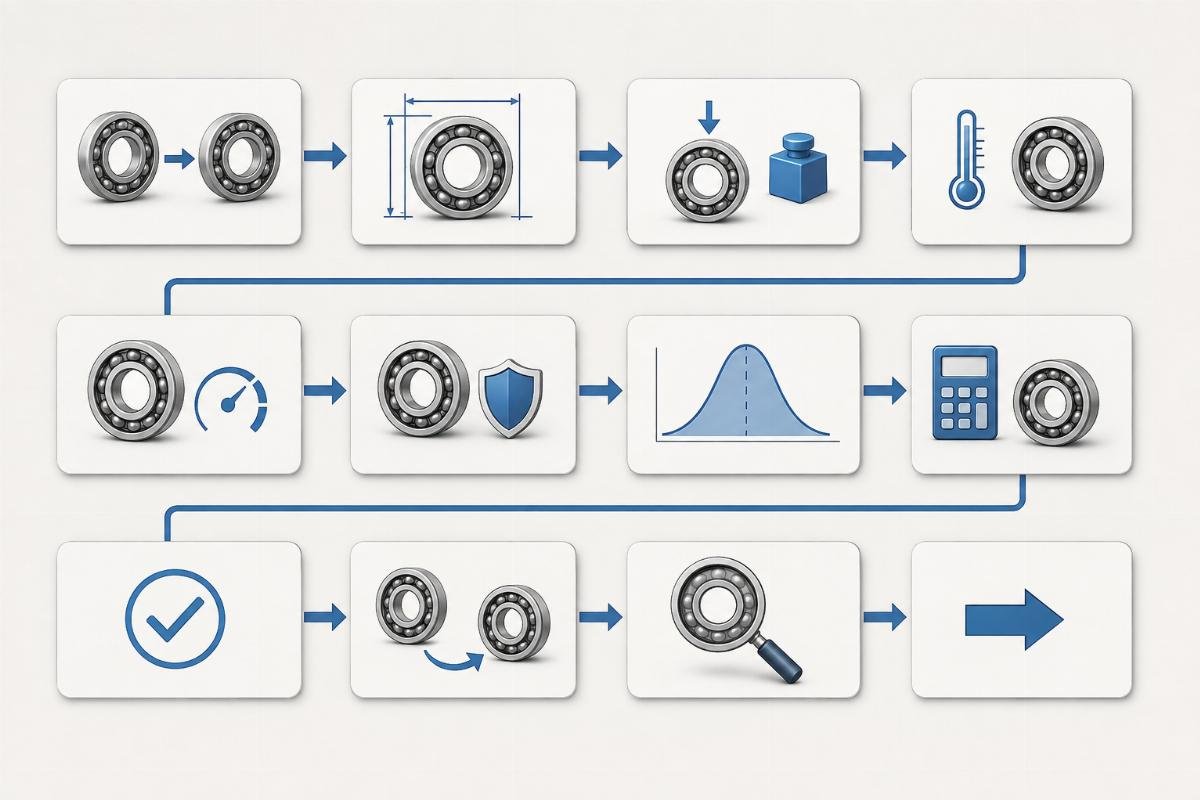 Flowchart showing DIN ISO 281 recalculation steps for cross-brand bearing substitution
