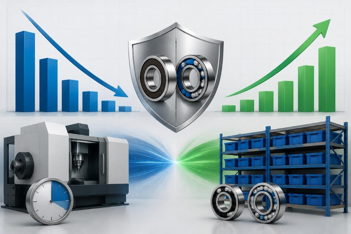 Graph showing downtime reduction and inventory optimization through dual-source FAG and SKF spindle bearing strategy