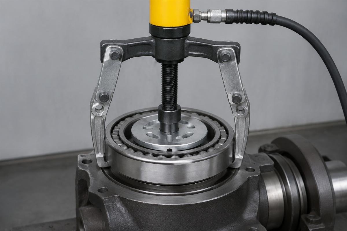 Hydraulic puller setup with spreading plate positioned on the inner ring face of a medium-size bearing
