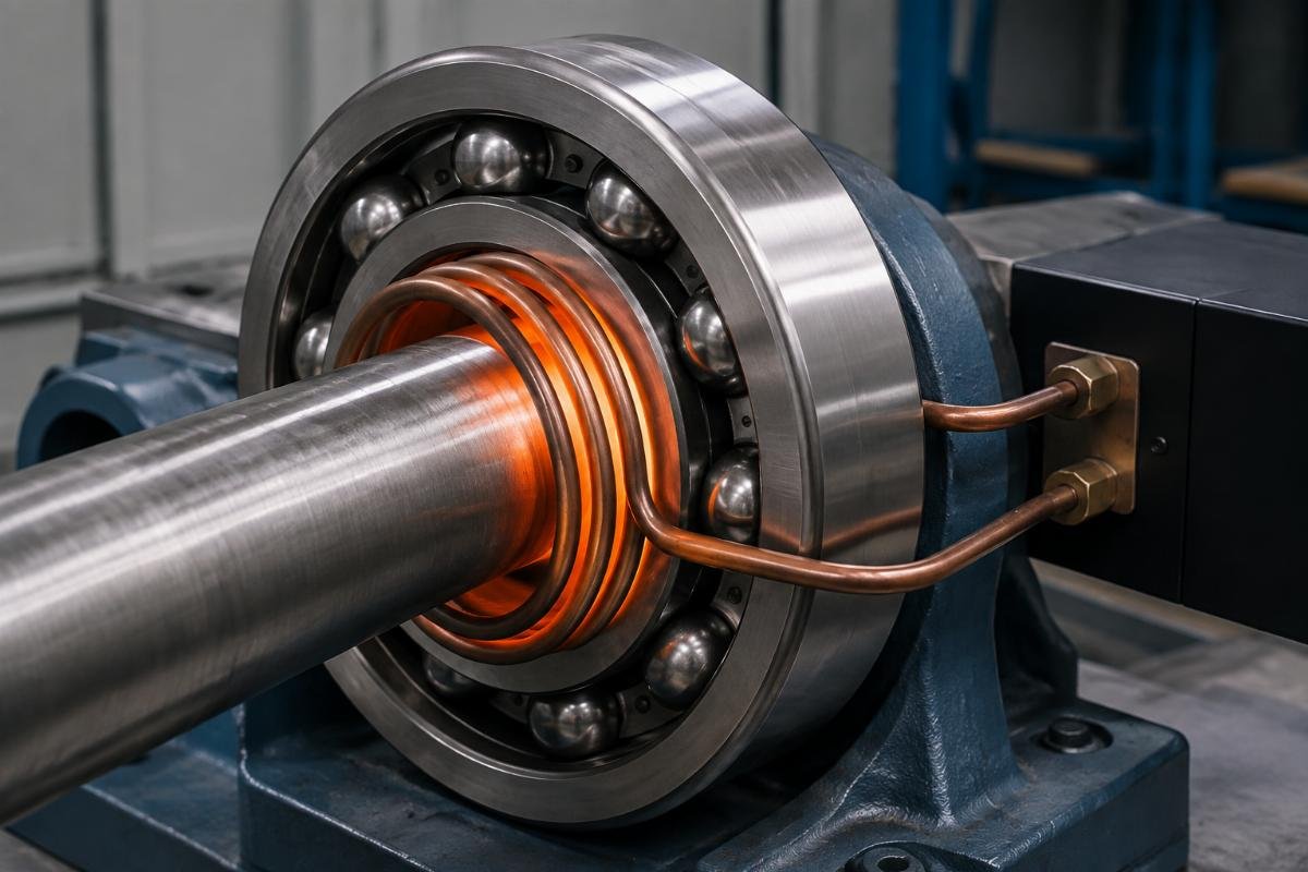 Induction heating coil positioned around the inner ring of a large SKF bearing on a shaft
