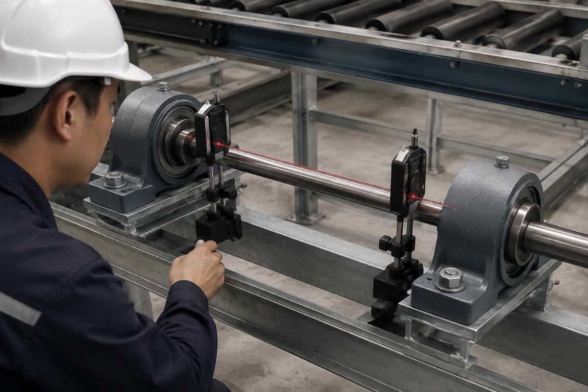Laser alignment setup checking co-axiality between two pillow block units on a conveyor frame