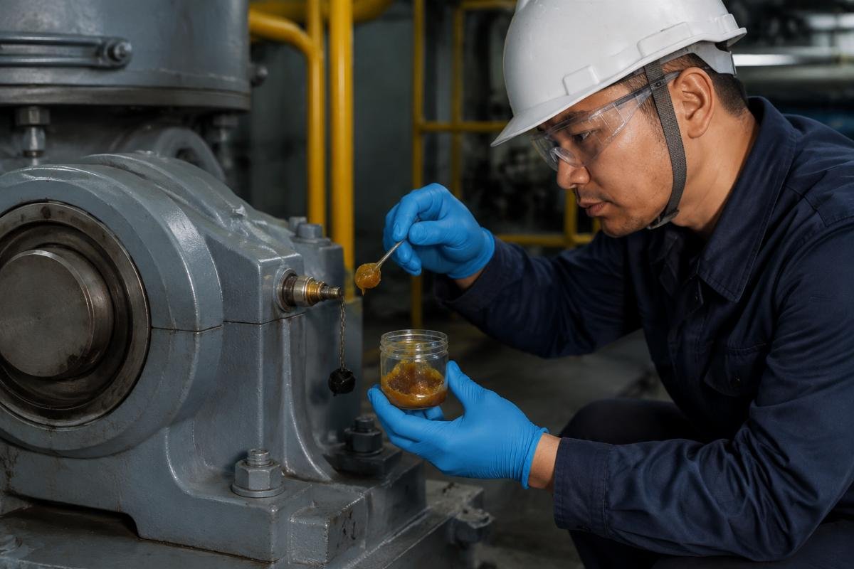 Maintenance technician inspecting grease sample from bearing relubrication port