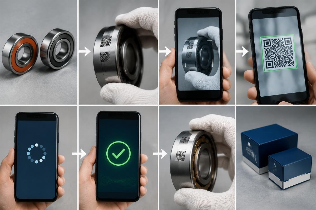 QR code verification process for authenticating FAG and SKF spindle bearings showing scanning and validation steps