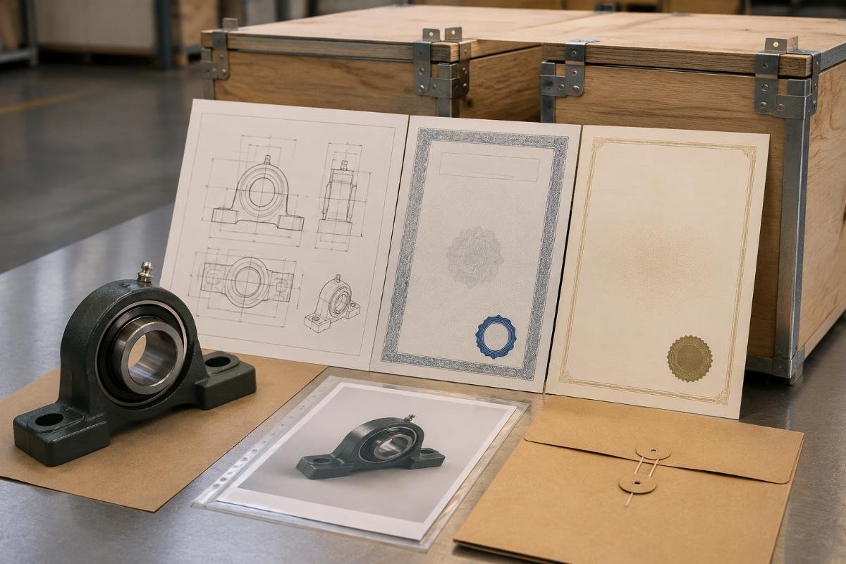 Sample documentation package showing dimensional report, material certificate, and authorization letter for a pillow block shipment