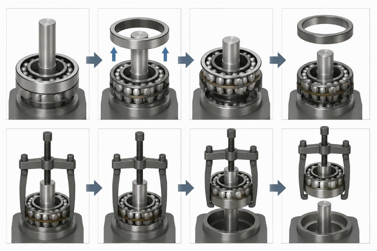 Sequence diagram showing outer ring removal followed by inner ring puller setup on a spherical roller bearing