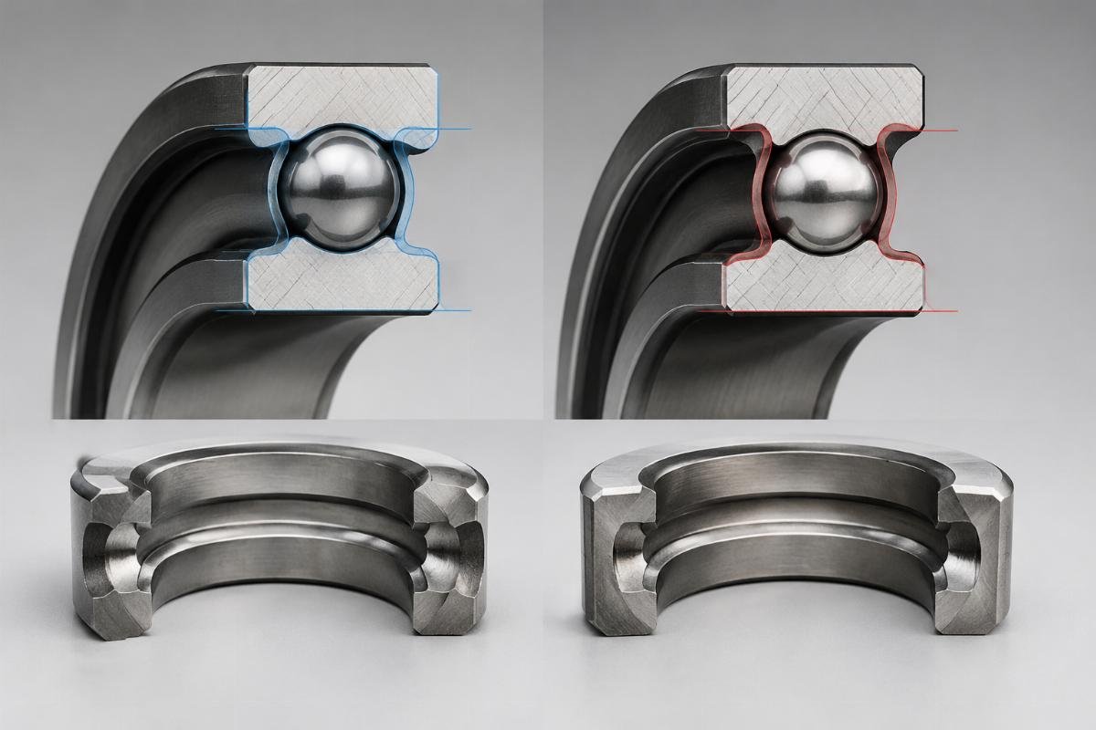 Side-by-side raceway geometry illustration showing brand-specific design differences