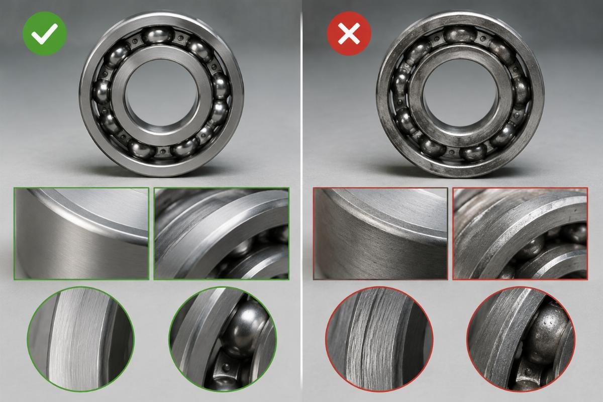 Steel stamp comparison showing authentic versus counterfeit bearing markings including font details and origin codes