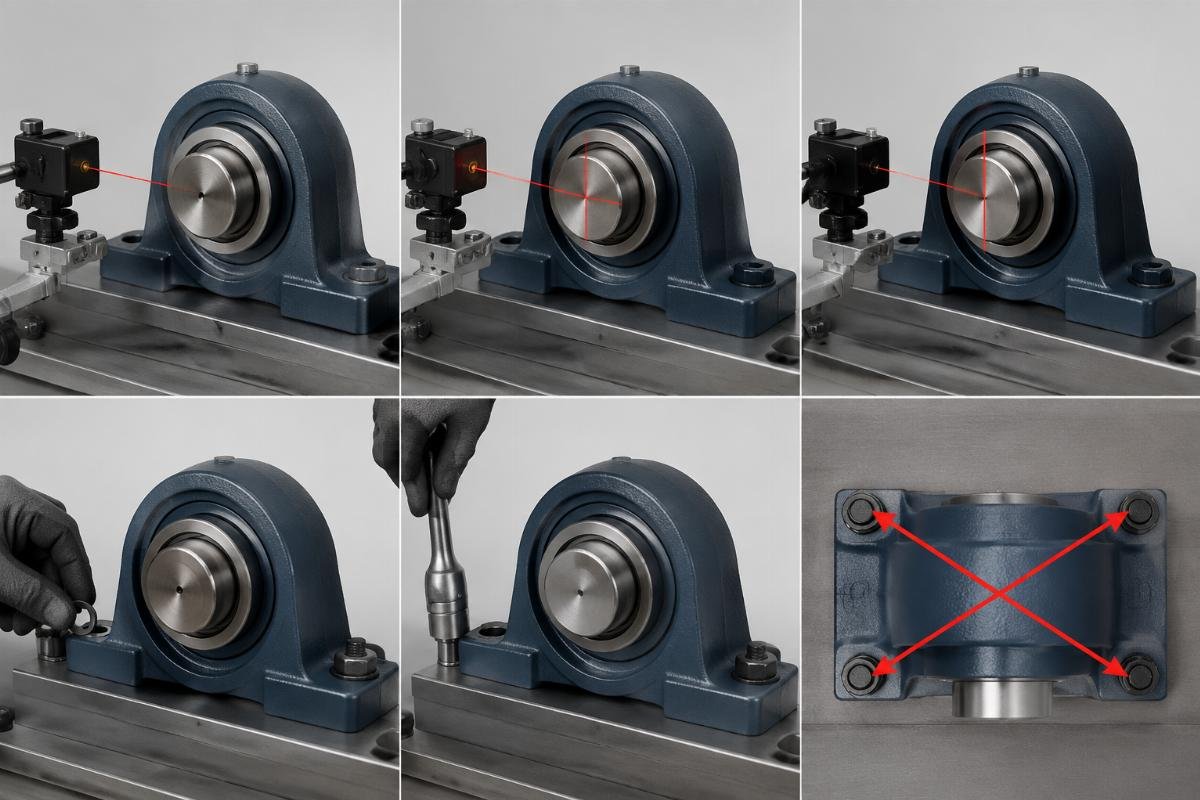 Step-by-step alignment sequence showing laser tool placement and bolt tightening pattern on a pillow block housing