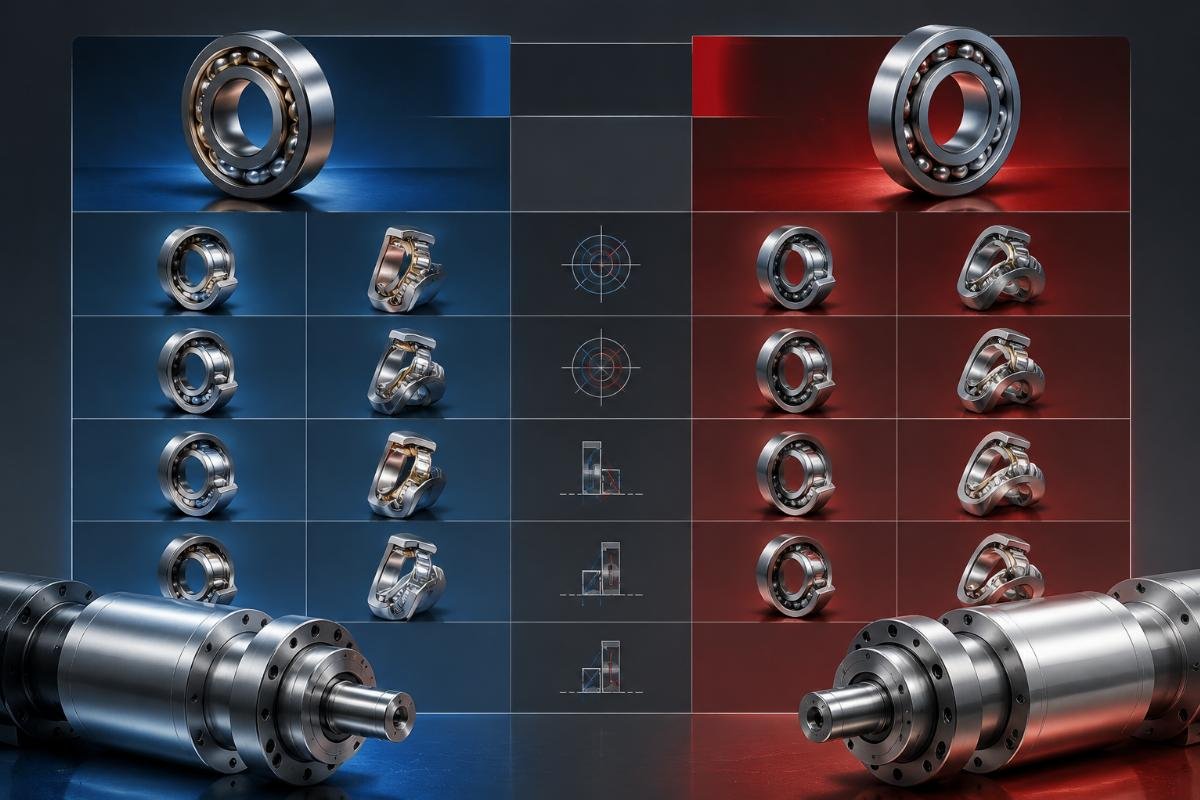 Technical comparison matrix of FAG and SKF spindle bearing specifications showing precision class and contact angle alignment