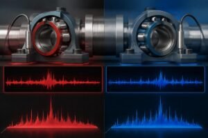 Vibration spectrum comparison showing different envelope frequency responses between FAG and SKF bearings under identical operating conditions