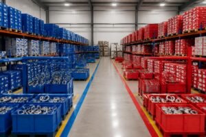 Warehouse zone layout showing separated FAG and SKF bearing storage areas with color-coded bins